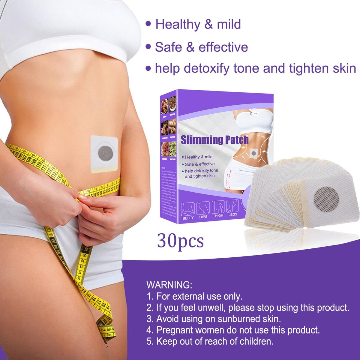 30Pcs Slimming Patches Natural Ingredients Healthy Mild Detoxify Tone Tighten Skin for Arm Belly Hips Legs