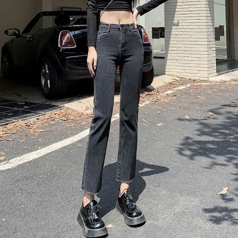 Black raw edge small straight tube jeans for women in the autumn and winter of 2022, new high