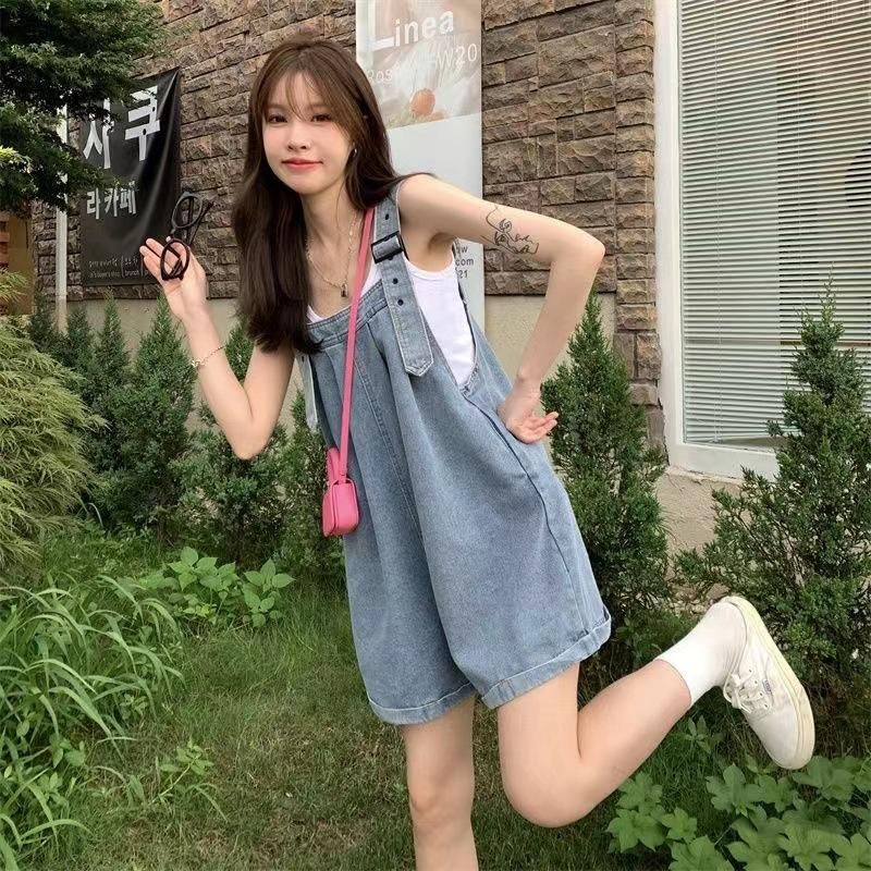 Curled jeans suspenders shorts for women's summer new cool and cute little wide leg student loose