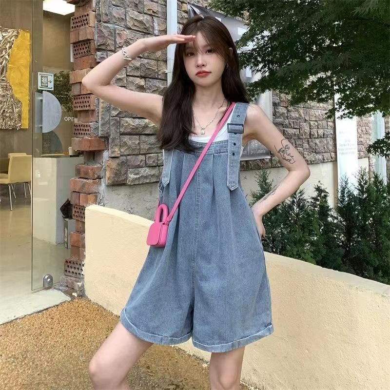 Curled jeans suspenders shorts for women's summer new cool and cute little wide leg student loose