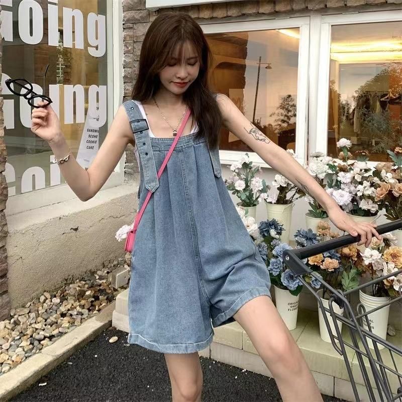 Curled jeans suspenders shorts for women's summer new cool and cute little wide leg student loose
