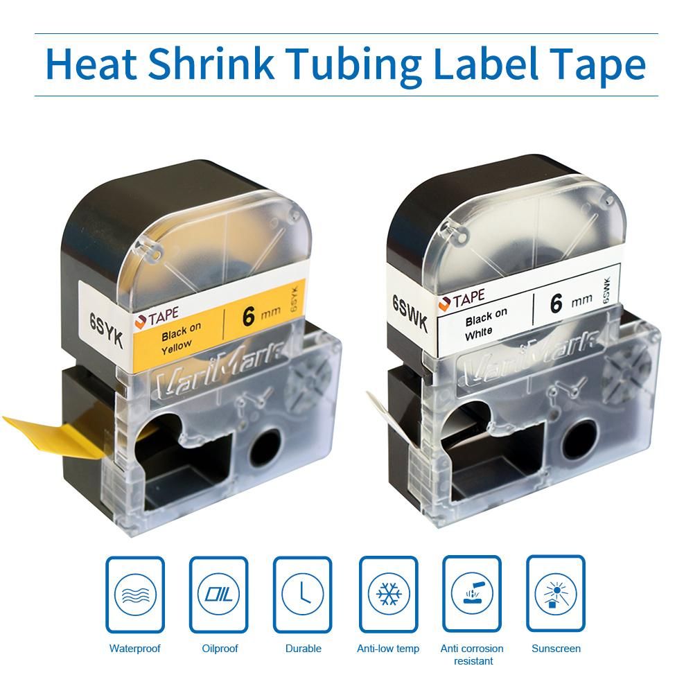 VariMark Printable Heat Shrink Tubing Label Tape Replacement Lable Maker Tape Black on White 0.24 Inch(6mm)x6.6 Feet(2m) Waterproof and Oil-Proof for Cable Wire Organization, 1 Roll