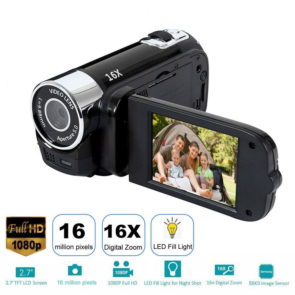1080P Video Camera HD Digital Camcorder 270 Degree Rotation 2.7 Inch 16MP Display High Definition DV Camera For Shoot Recording Black