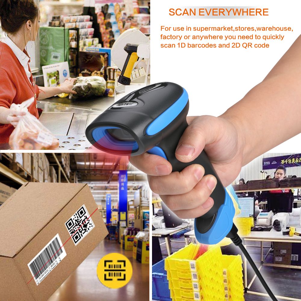 CW200 Wireless 2D Barcode Scanner Handheld 2D Barcode Scanner USB Wired 1D Barcode Reader 2 In 1 For Store, Supermarket, Warehouse (BLUE)