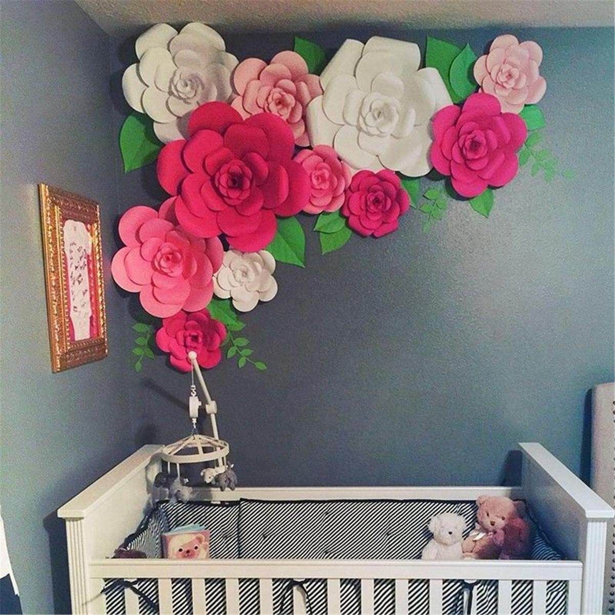 2Pcs Paper Flower Backdrop Wall 20cm Giant Rose Flowers DIY Wedding Party Decor Silver (silver)
