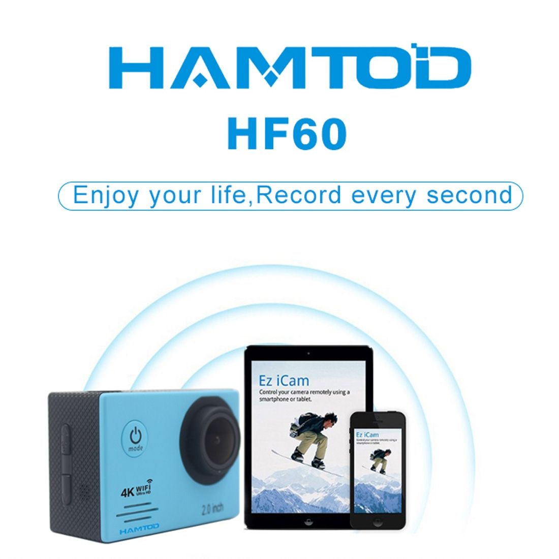 HAMTOD HF60 UHD 4K WiFi 16.0MP Sport Camera With Waterproof Case, Generalplus 4247, 2.0 Inch LCD Screen, 120 Degree Wide Angle Lens, With Simple Accessories(White)