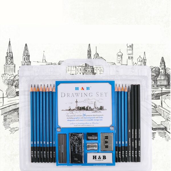 H&B HB-26SSHB 26 Beginner Sketch Wood Pencil Drawing Tool Set Art Set For Student Study