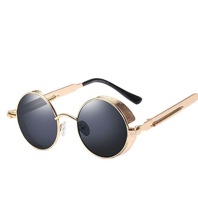 New steampunk series sunglasses metal spring leg round small frame sunglasses Indian hot style 58028 black frame gray film