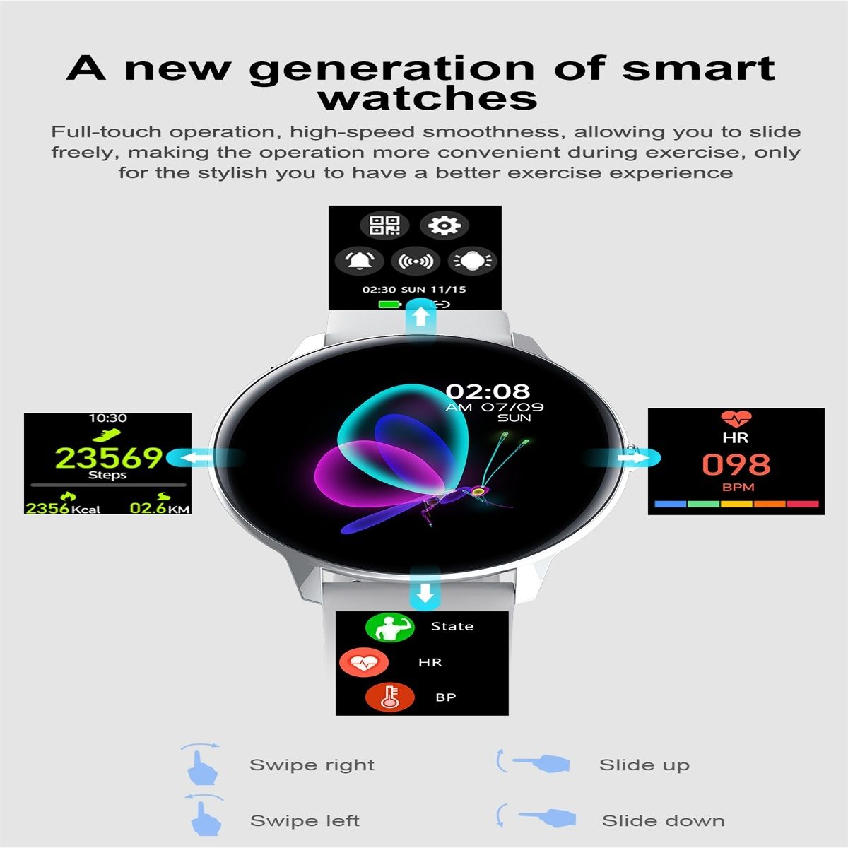 Smart Watch, IP68 Waterproof, Support Temperature/Heart Rate/Blood Pressure/Sleep  Monitoring(Silver)