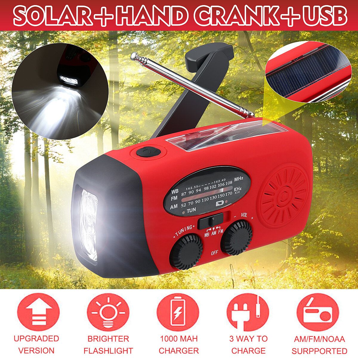Portable Solar Emergency FM Radio Hand Crank Self Powered AM/FM/NOAA USB Charging With 3 LED Flashlight Outdoor Lighting Camping Hiking Multi-function Red