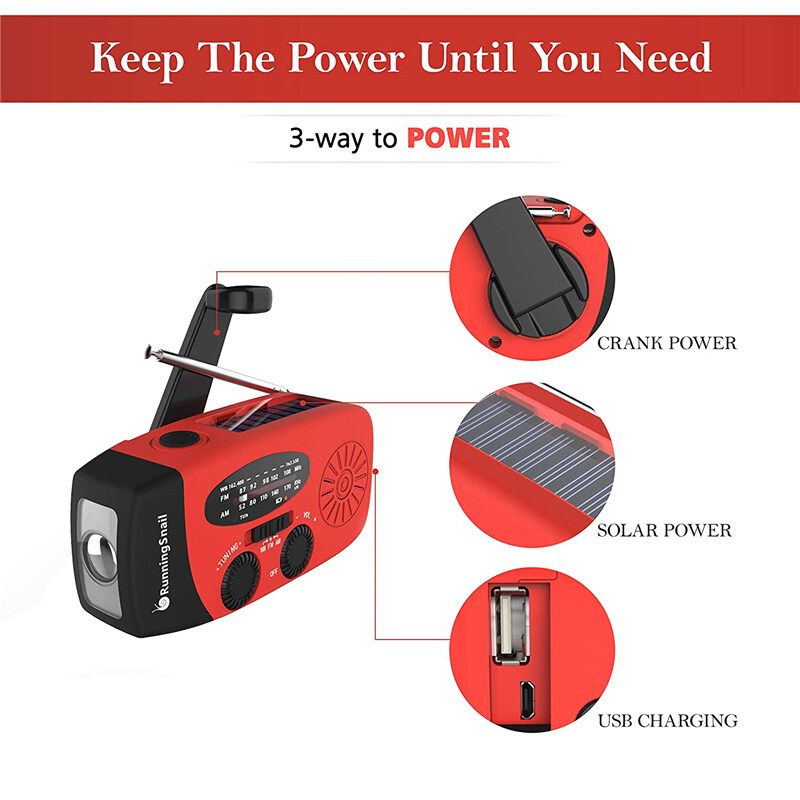 Portable Solar Emergency FM Radio Hand Crank Self Powered AM/FM/NOAA USB Charging With 3 LED Flashlight Outdoor Lighting Camping Hiking Multi-function Red