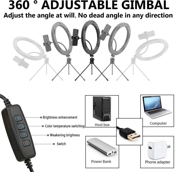 Dimmable LED Beauty Selfie Ring Light, Retractable Tripod and Phone Holder for TikTok Photography, Color Temperature 3000-6000K