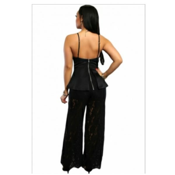 Spaghetti Lace Peplum Jumpsuit For Ladies - Black