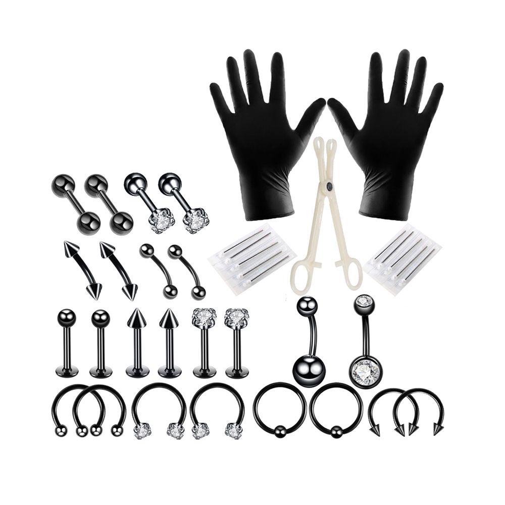 37 Piece Belly Button Tongue Body Jewelry Piercing Kit-Black