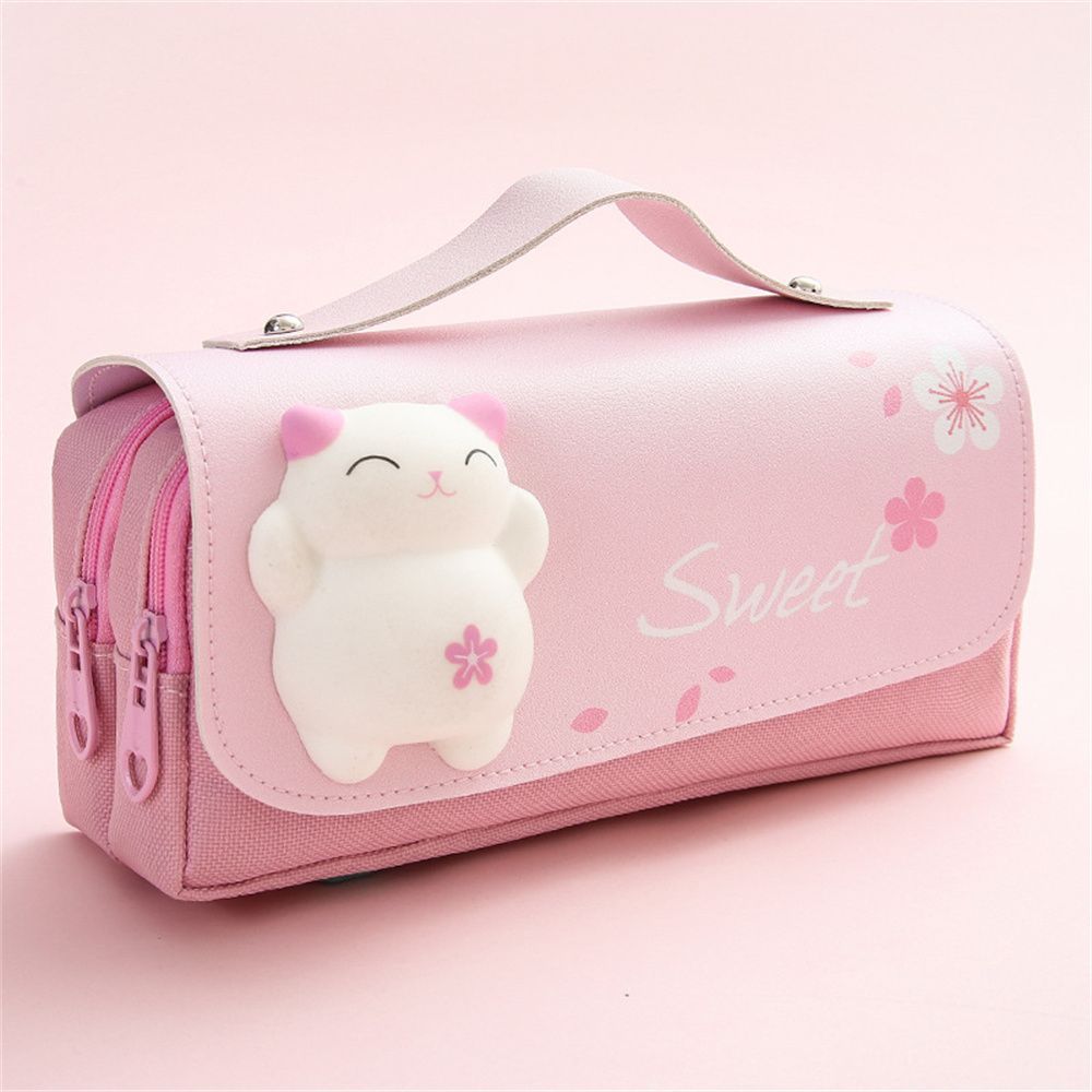 Cute Cat Decompression Pencil Case Big Pencil Box Portable Girls Pen Bag Double Layer School  Kawaii Stationery Pensil Case