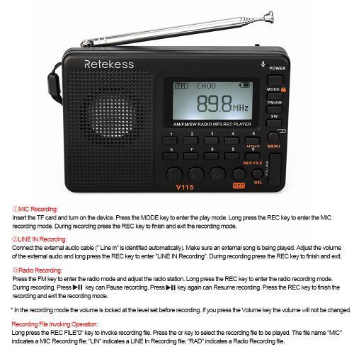 FM/AM/SW Radio Multiband Radio Receiver REC Recorder Bass Sound MP3 W