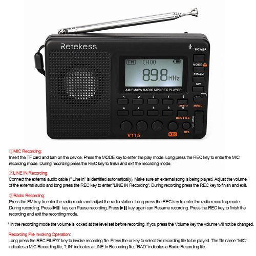 Retekess V-115 FM/AM/SW Radio Multiband Radio Receiver REC Recorder Bass Sound MP3 Player Speakers With Sleep Timer Black