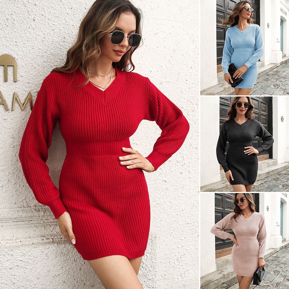 V-neck Long-sleeved Waist High-waist Sweater Skirt