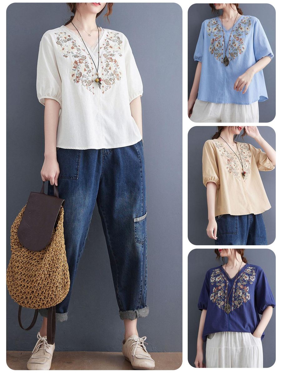 Women Loose Blouse Embroidery Half Sleeved Plus Size Vintage Holiday T-Shirts