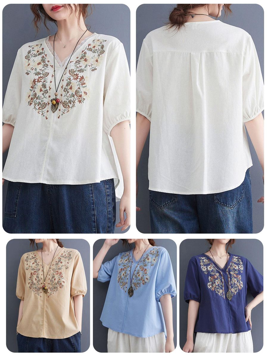 Women Loose Blouse Embroidery Half Sleeved Plus Size Vintage Holiday T-Shirts