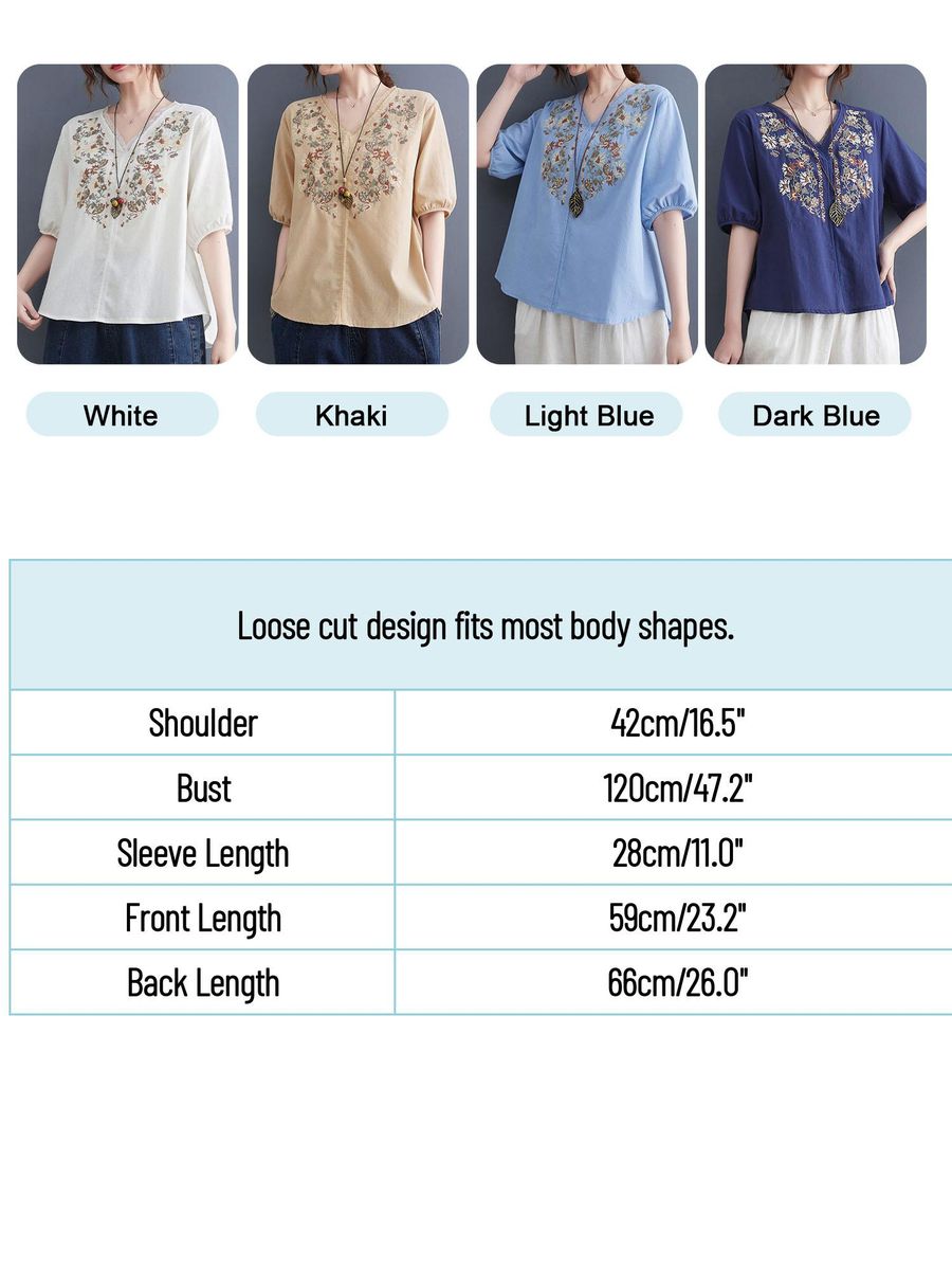 Women Loose Blouse Embroidery Half Sleeved Plus Size Vintage Holiday T-Shirts