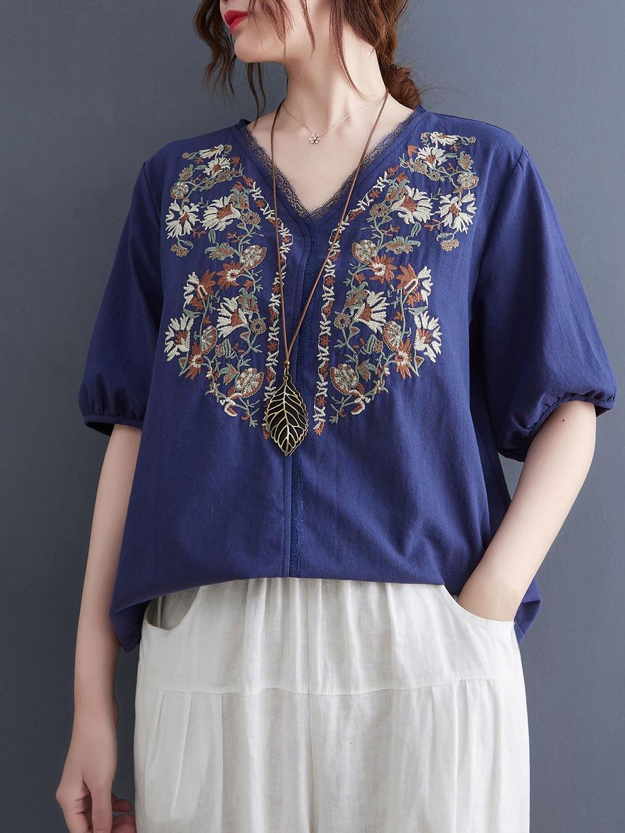 Women Loose Blouse Embroidery Half Sleeved Plus Size Vintage Holiday T-Shirts