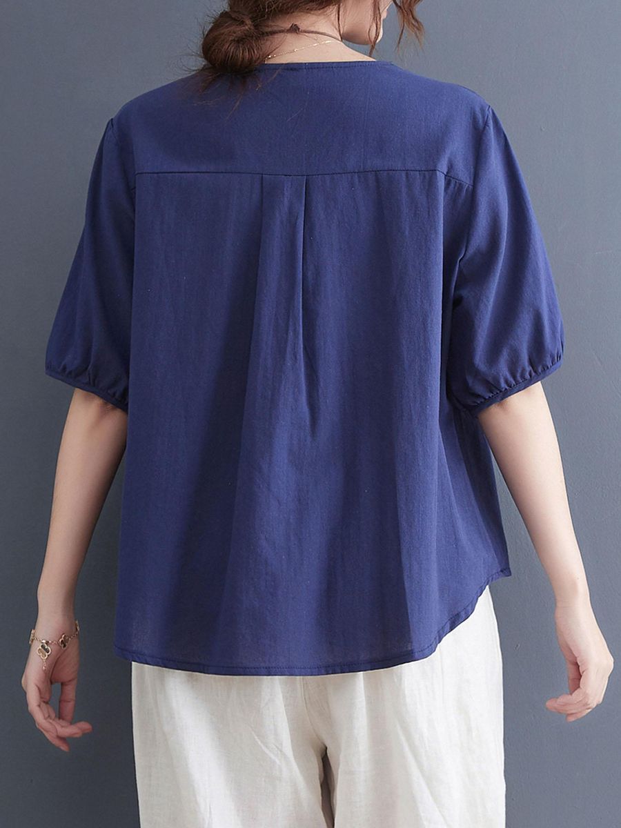 Women Loose Blouse Embroidery Half Sleeved Plus Size Vintage Holiday T-Shirts