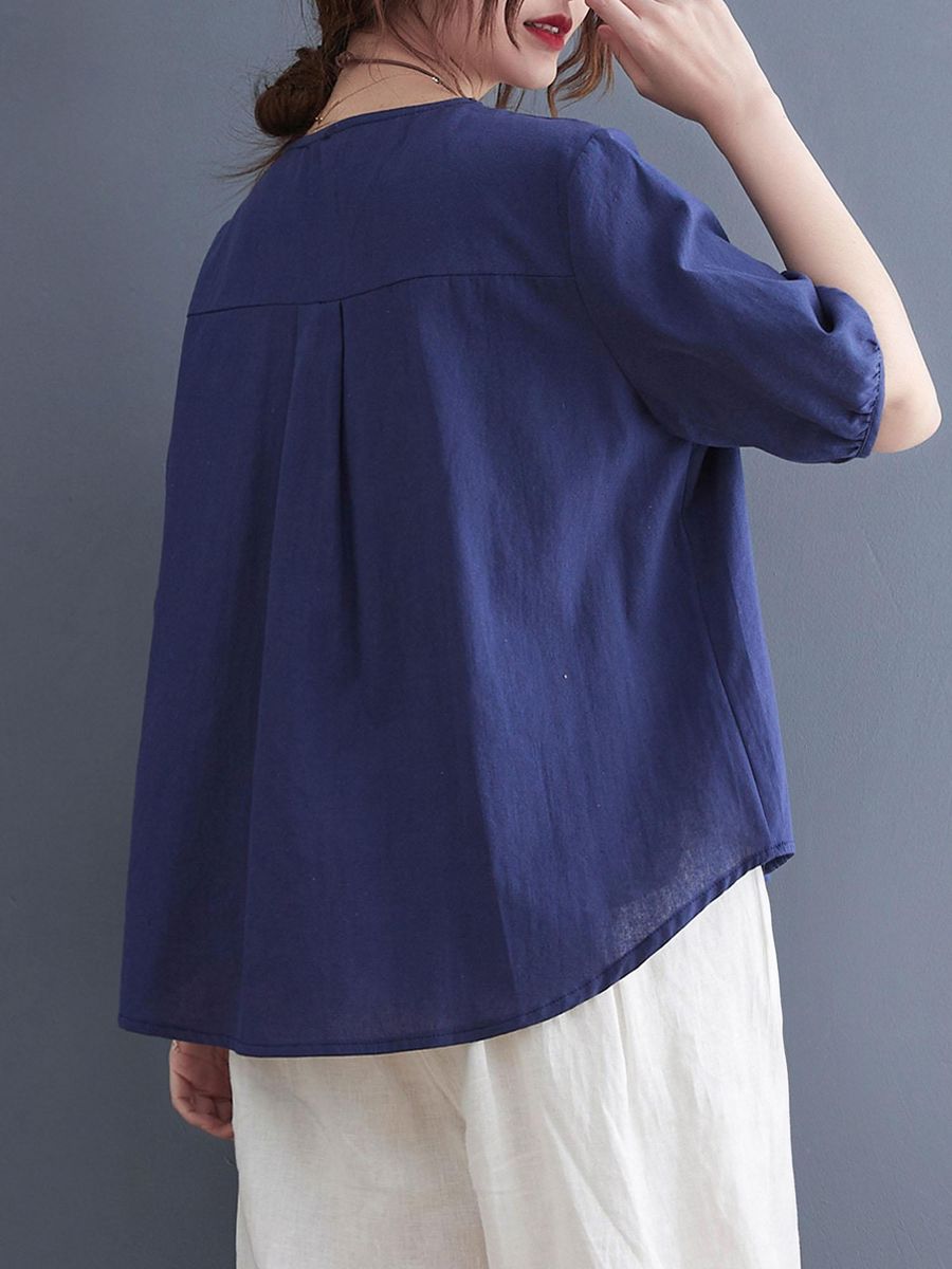 Women Loose Blouse Embroidery Half Sleeved Plus Size Vintage Holiday T-Shirts