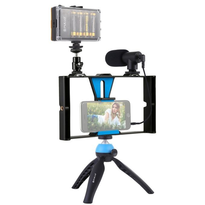 4 In 1 Vlogging Live Broadcast LED Selfie Light Smartphone Video Rig Kits With Microphone + Tripod Mount + Cold Shoe Tripod Head