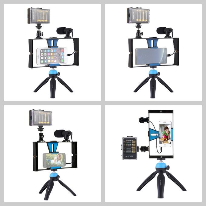 4 In 1 Vlogging Live Broadcast LED Selfie Light Smartphone Video Rig Kits With Microphone + Tripod Mount + Cold Shoe Tripod Head