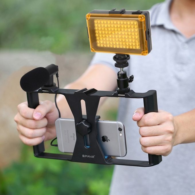 4 In 1 Vlogging Live Broadcast LED Selfie Light Smartphone Video Rig Kits With Microphone + Tripod Mount + Cold Shoe Tripod Head