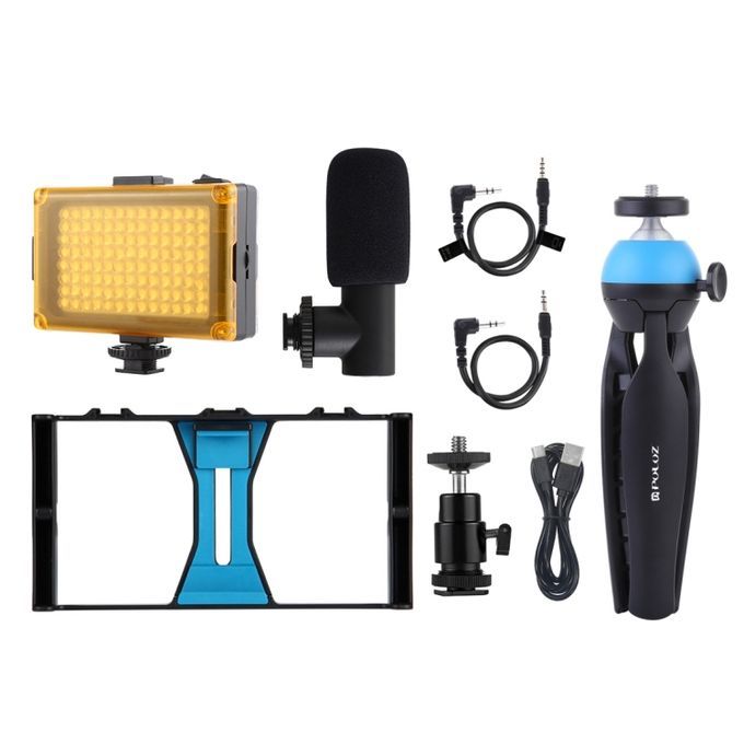 4 In 1 Vlogging Live Broadcast LED Selfie Light Smartphone Video Rig Kits With Microphone + Tripod Mount + Cold Shoe Tripod Head