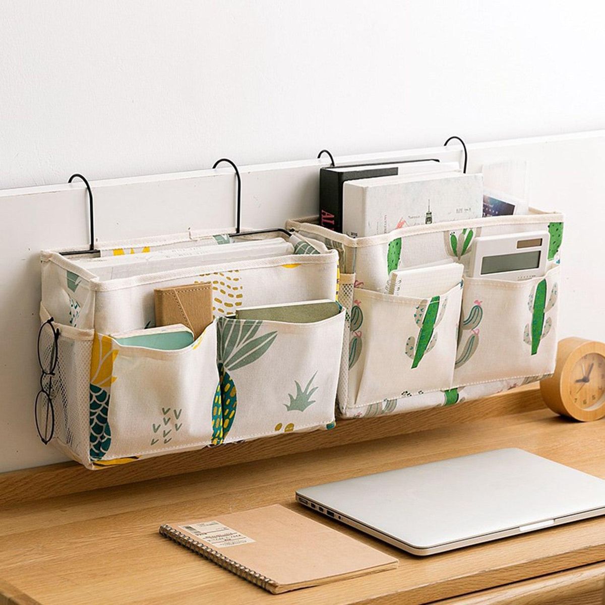 Cosmetic Wtorage Bag Lattice Hanging Storage Bag Bedside Storage Organizer with Hook Bed Pocket Cactus