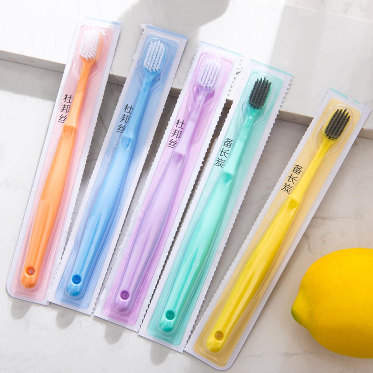 5Pcs Family Pack Soft Bristles Tooth Brushes Pure Color Binchoutan Elements Individually Wrapped Toothbrushes