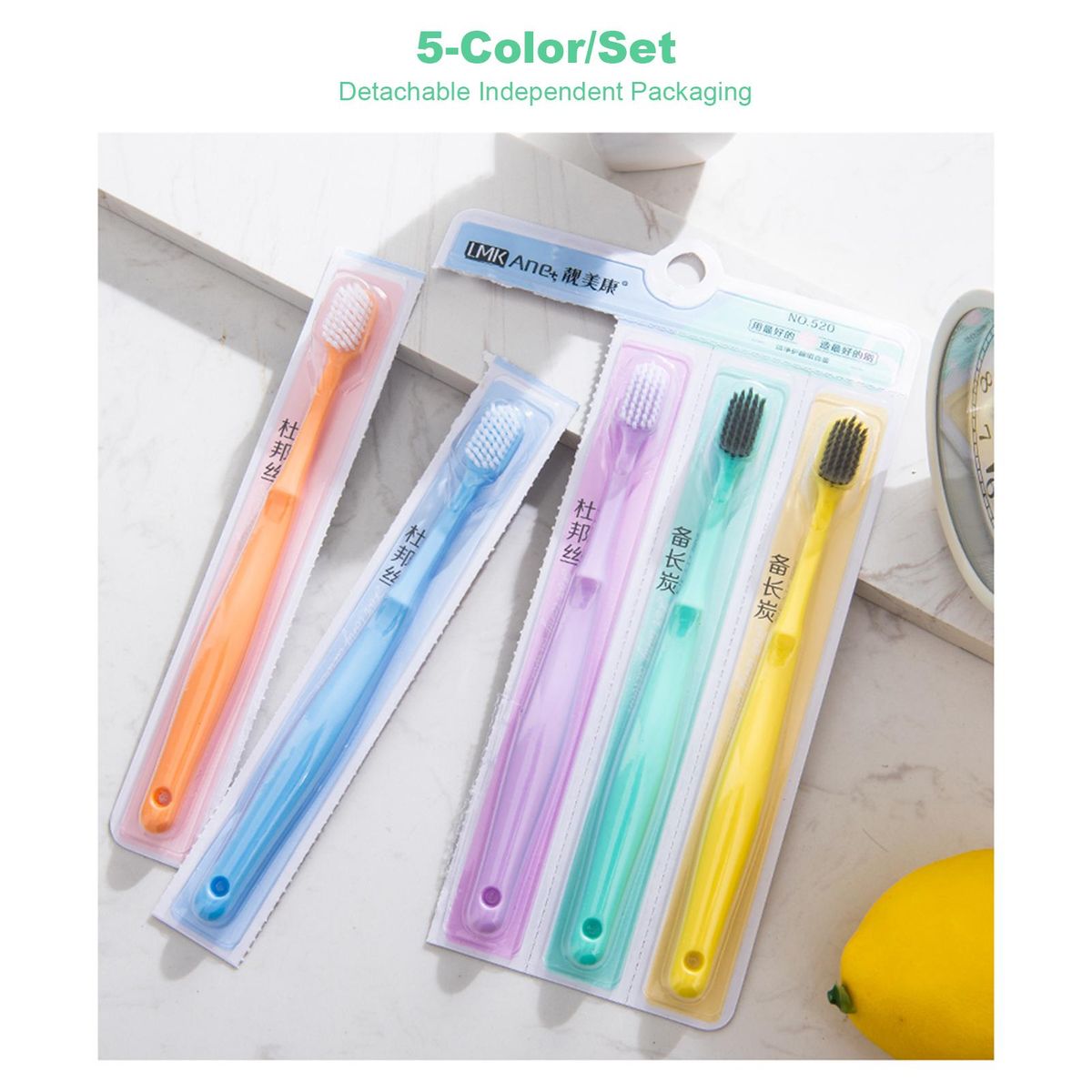 5Pcs Family Pack Soft Bristles Tooth Brushes Pure Color Binchoutan Elements Individually Wrapped Toothbrushes