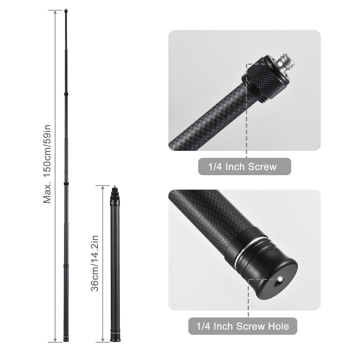 Portable Selfie Stick Carbon Fiber Stand Camera Bracket 1/4 Inch Screw Mount 36cm-150cm/14.2in-59in Adjustable Length Compatible with Insta360 X2/ X3