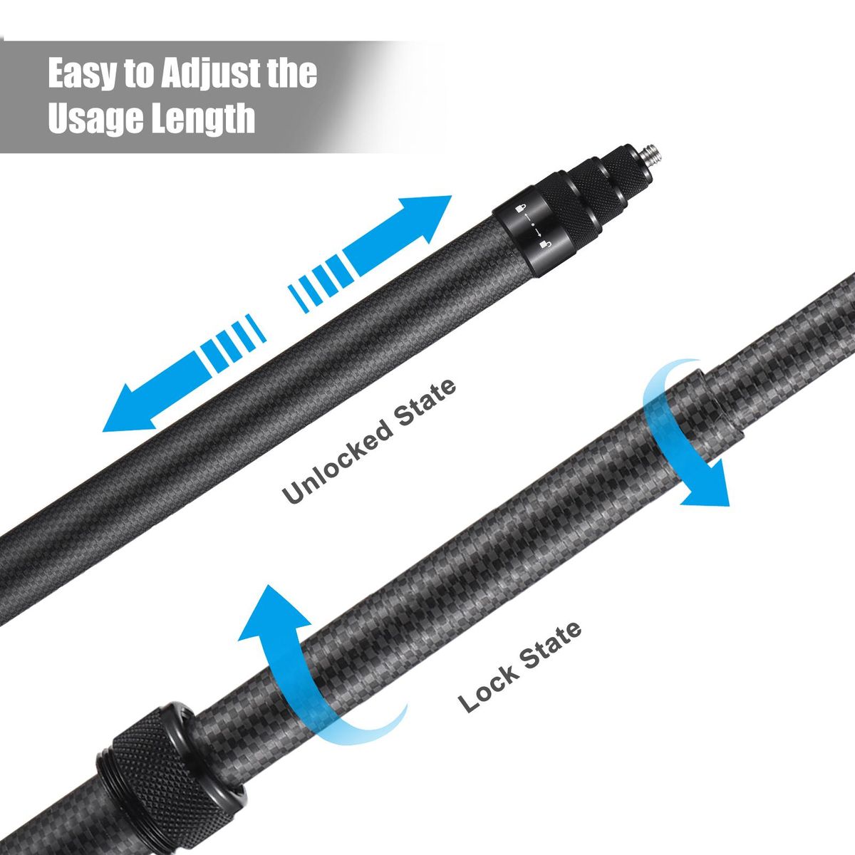 Portable Selfie Stick Carbon Fiber Stand Camera Bracket 1/4 Inch Screw Mount 36cm-150cm/14.2in-59in Adjustable Length Compatible with Insta360 X2/ X3