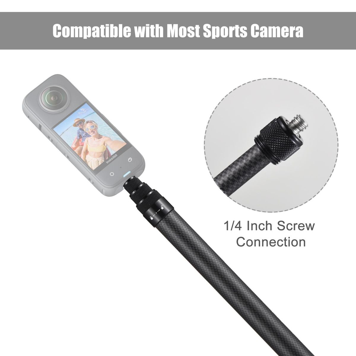 Portable Selfie Stick Carbon Fiber Stand Camera Bracket 1/4 Inch Screw Mount 36cm-150cm/14.2in-59in Adjustable Length Compatible with Insta360 X2/ X3