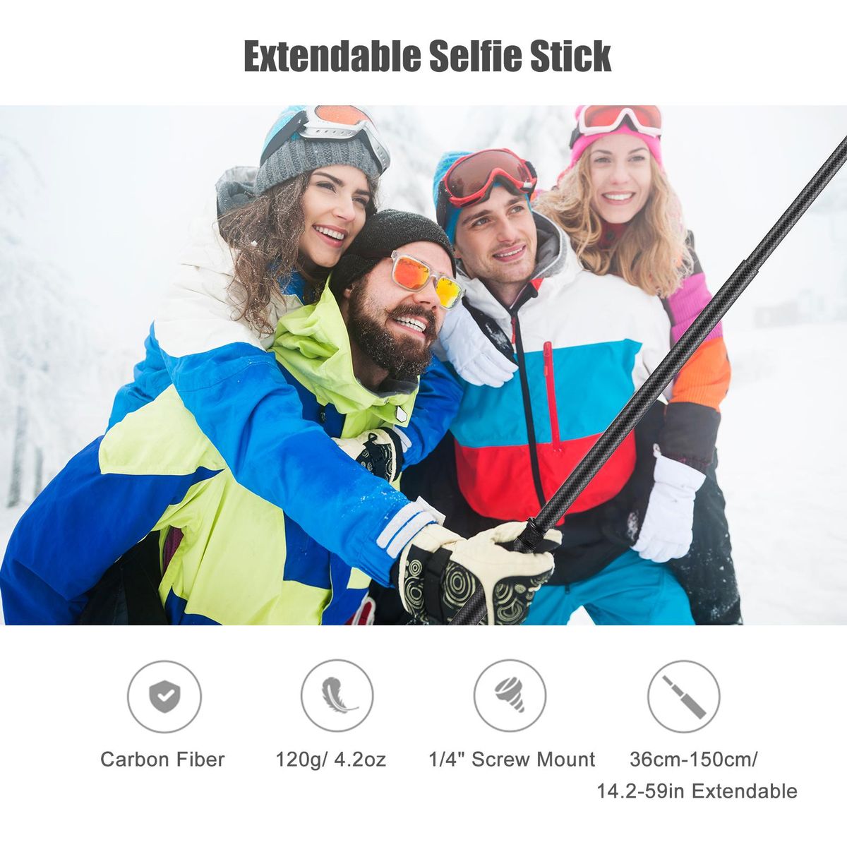 Portable Selfie Stick Carbon Fiber Stand Camera Bracket 1/4 Inch Screw Mount 36cm-150cm/14.2in-59in Adjustable Length Compatible with Insta360 X2/ X3