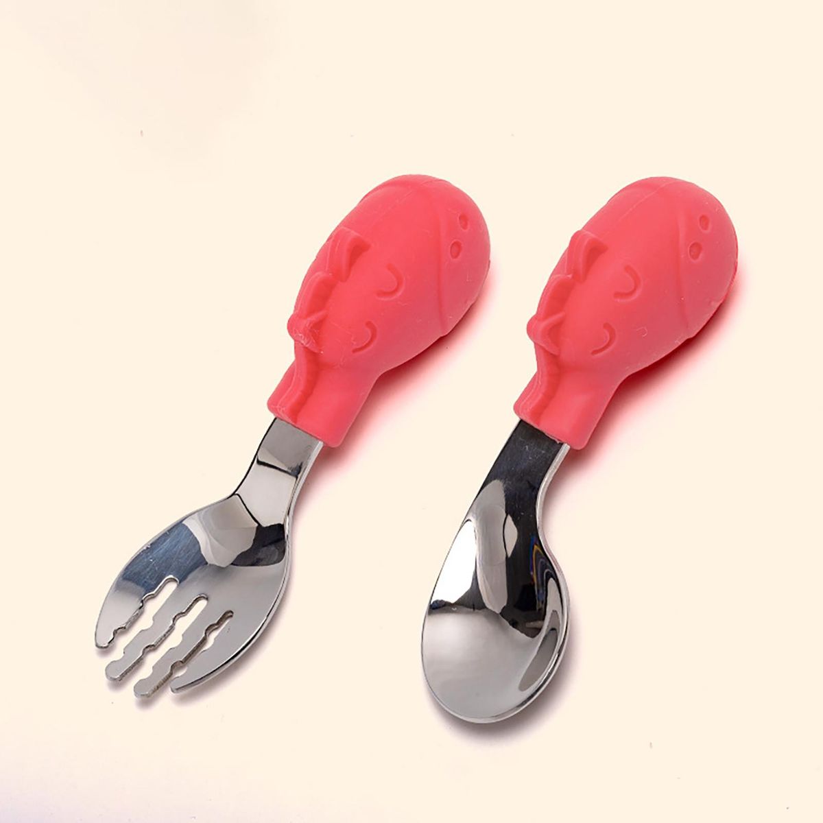 1 Set Feeding Fork Spoon Little Elephant Zebra Baby Training Fork Spoon Red