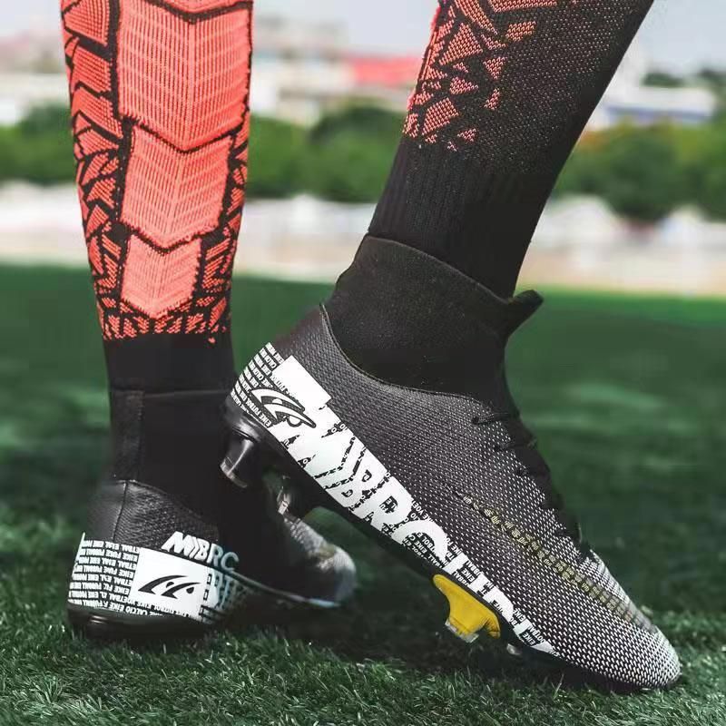 Men Soccer Shoes AG High Ankle Football Boots MenSneakers-Black