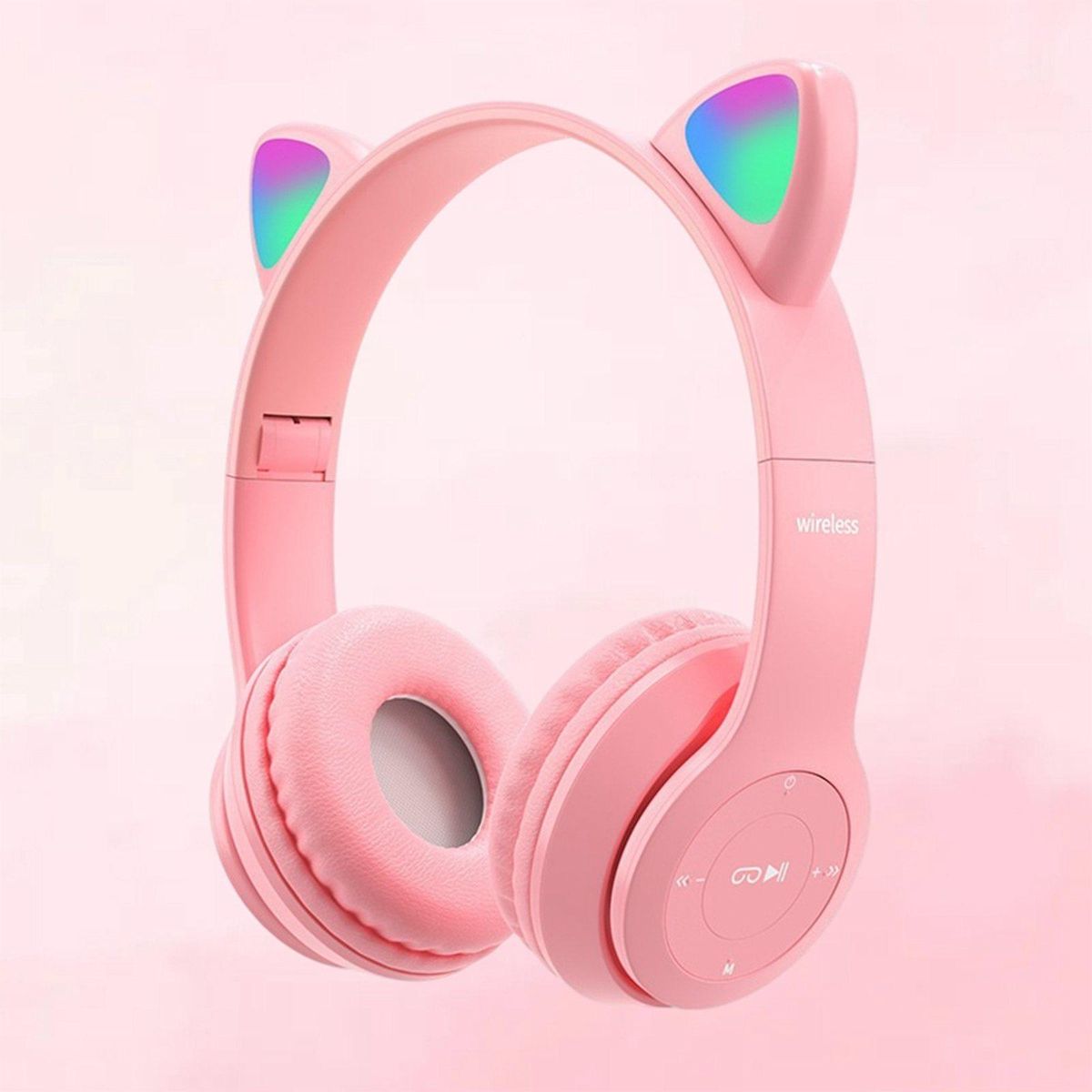 Over-ear Cat-ear Wireless Headset Noise Canceling, Surround Sound Pink