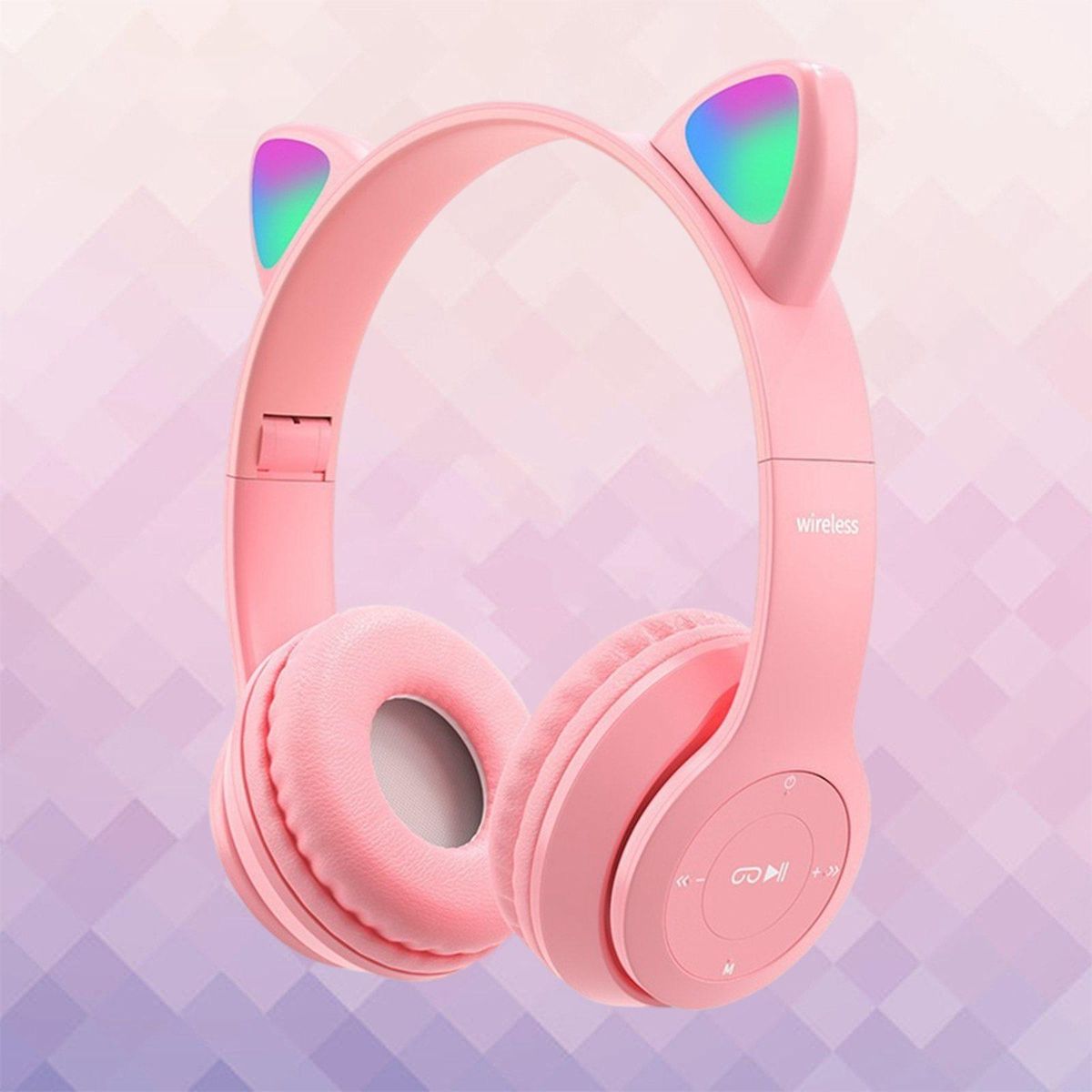 Over-ear Cat-ear Wireless Headset Noise Canceling, Surround Sound Pink
