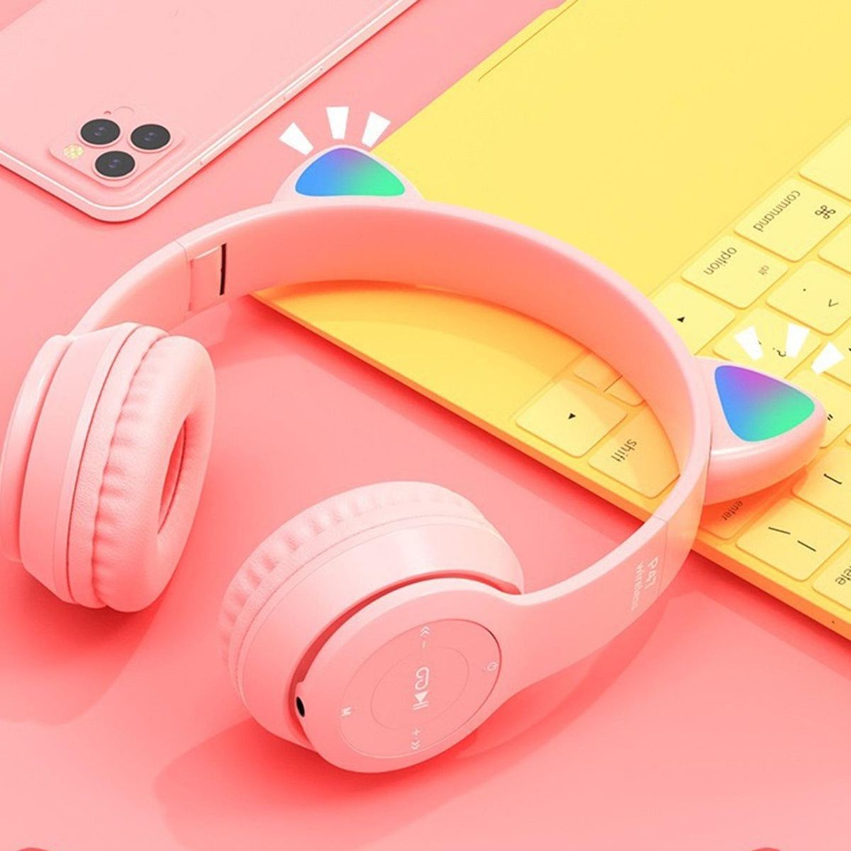Over-ear Cat-ear Wireless Headset Noise Canceling, Surround Sound Pink