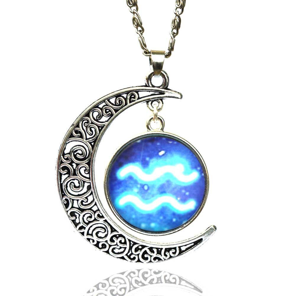 12 Zodiac Glass Necklace Pendants Moon Sign Pendant Symbol Alloy Best Gift Retro Aquarius