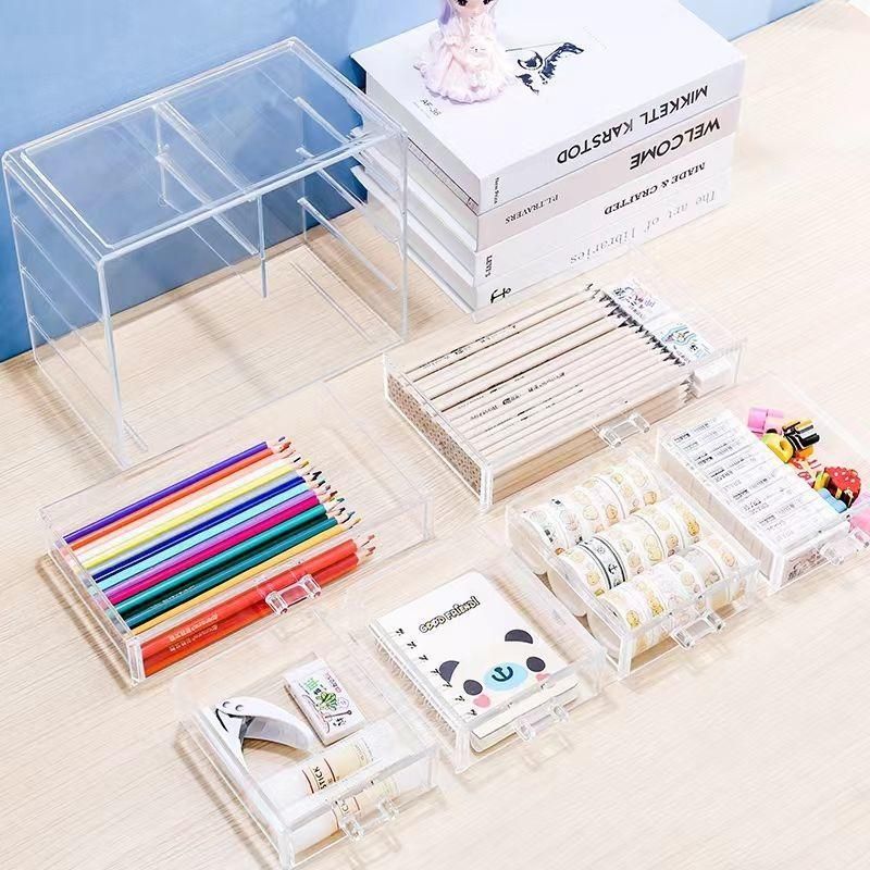 . Acrylic Student Desktop Pen Holder Storage Box Drawer Transparent Large Capacity Stationery Pen Storage Rack Multi-Layer