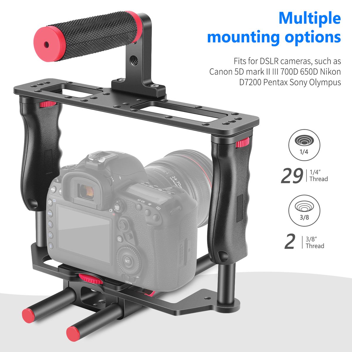 Aluminum Alloy Camera Video Cage Film Movie Making Kit, With Top Handle, Dual Hand Grip, Two 15mm Rods, Compatible With Canon, Sony, Fujifilm, And Nikon DSLR Camera And Camcorder (Black + Red)