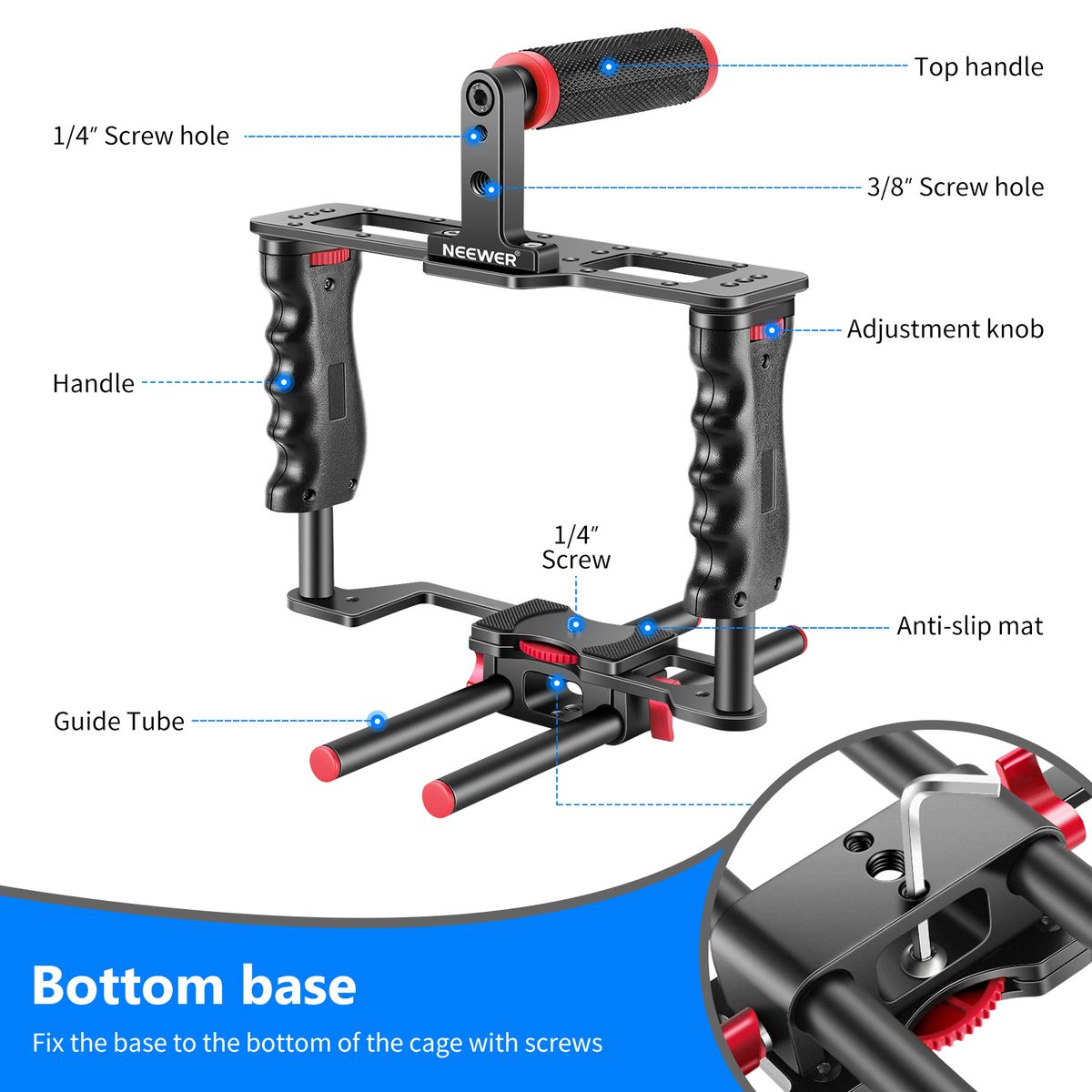 Aluminum Alloy Camera Video Cage Film Movie Making Kit, With Top Handle, Dual Hand Grip, Two 15mm Rods, Compatible With Canon, Sony, Fujifilm, And Nikon DSLR Camera And Camcorder (Black + Red)