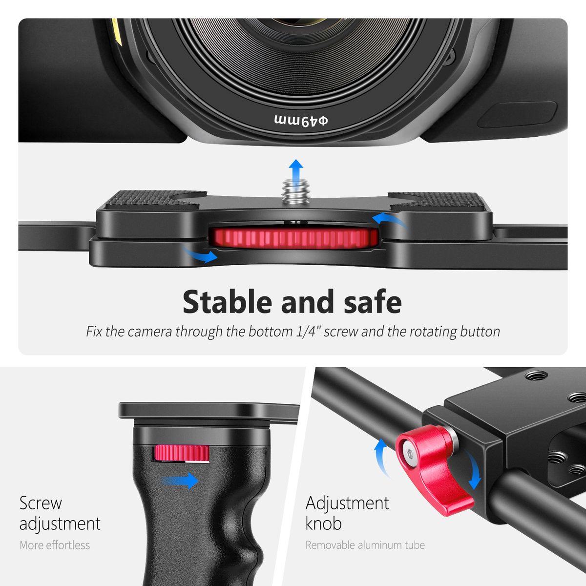 Aluminum Alloy Camera Video Cage Film Movie Making Kit, With Top Handle, Dual Hand Grip, Two 15mm Rods, Compatible With Canon, Sony, Fujifilm, And Nikon DSLR Camera And Camcorder (Black + Red)