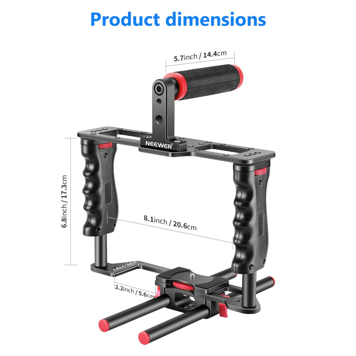 Aluminum Alloy Camera Video Cage Film Movie Making Kit, With Top Handle, Dual Hand Grip, Two 15mm Rods, Compatible With Canon, Sony, Fujifilm, And Nikon DSLR Camera And Camcorder (Black + Red)